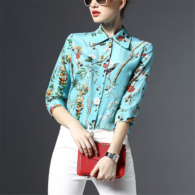 2017 New Women Floral Print Blouse Turn-down Collar Full Sleeve Tee Shirt Casual Button Blouses Fashion Plus Size Blusas 72196