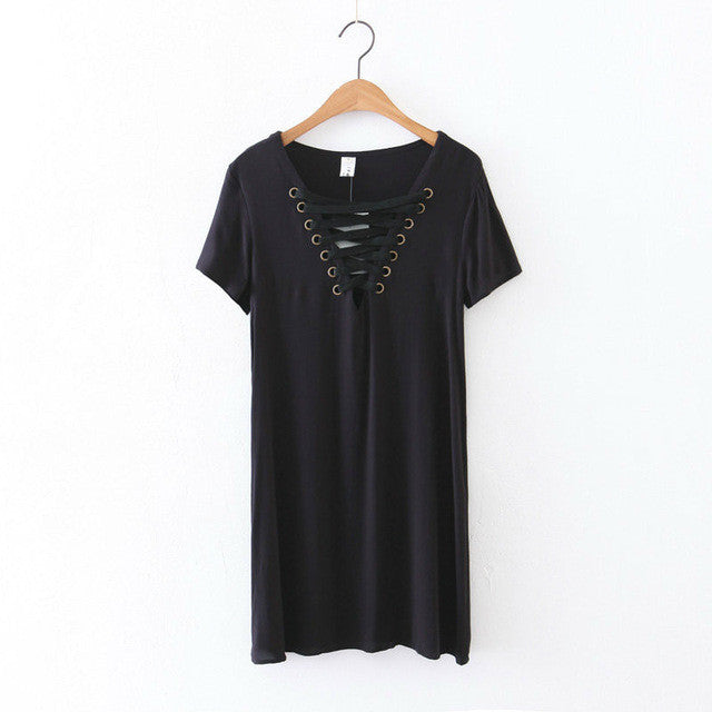 2017 New Women Straight O-Neck Short Sleeve Dress Plus Size With Bondage Dresses Irregular Vestidos 72269