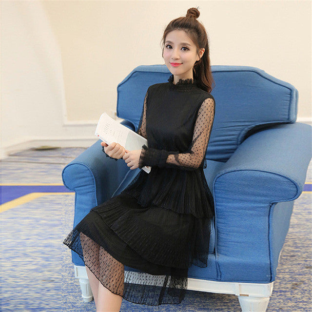 2017 Plus Size Vestidos Sexy Straight Mid-Calf Dress Brief Full Petal Sleeve Turtleneck Solid color Women Dresses 72244