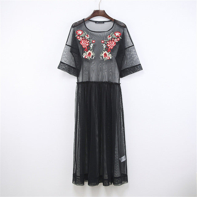 2017 Spring Plus Size Vestidos Sexy Straight Ankle-length Dress Brief Half Sleeve O-neck Embroidery Women Dresses 72248