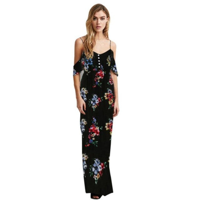 2017 Summer Women Floral Print Dress Sleeveless Cold Shoulder Strapless Long Dress Chiffon V Neck Boho Style Ladies Dresses #03