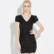 2017 Vestidos Plus Size Sexy Bodycon Knee-length Dress Short Puff Sleeve V-neck Women Sequined Bling Dresses 72130