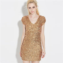 2017 Vestidos Plus Size Sexy Bodycon Knee-length Dress Short Puff Sleeve V-neck Women Sequined Bling Dresses 72130