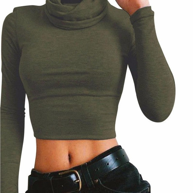 2017 Winter Spring Basic Tee Tops Women High Collar Short Style Long Sleeve Solid T-Shirt Female Fashion Women Clothing #1207
