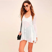 2017 Women Beach Boho Chiffon Perspective Cover Up Bathing Suit Smock Tops Women Long Style Black White Camisetas Mujer #23