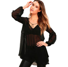 2017 Women Beach Boho Chiffon Perspective Cover Up Bathing Suit Smock Tops Women Long Style Black White Camisetas Mujer #23
