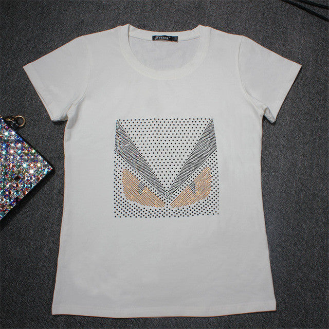 2017 Women Plus Size Diamond Monster Print T Shirt Man Tops O-Neck Short Sleeve Bling t-shirt 72111