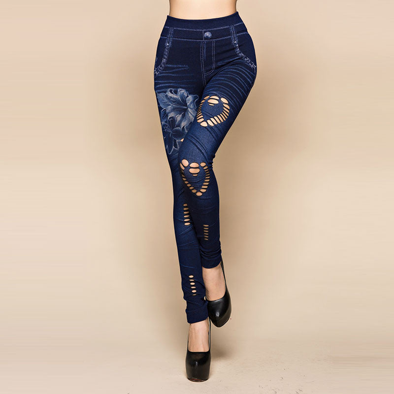 2017 Women Plus Size Fashion Ankle Leggings Female Hollow Out Mid Denim Thin High Sexy Legging High Quality Pants 71859