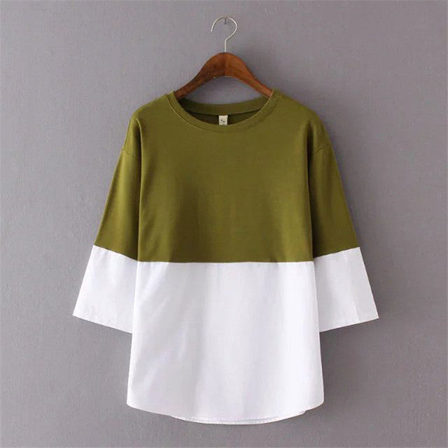 2017 Women Summer Basic T Shirt Fashion Patchwork Tops O-Neck Three Quarter 3/4 Sleeve t-shirt 72256