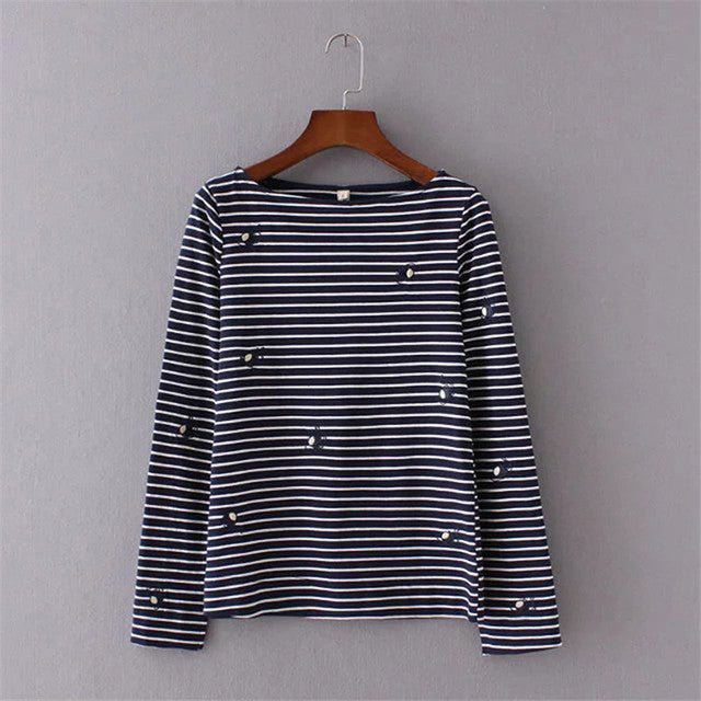 2017 Women Summer Basic T Shirt Fashion Striped Tops O-Neck Full Sleeve Embroidery t-shirt 72257