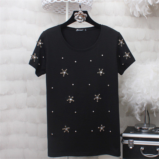 2017 Women Summer Basic T Shirt Fashion Tops O-Neck Short Sleeve Diamond Bling Star Print t-shirt 72258