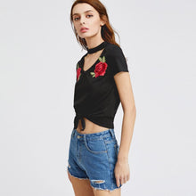 2017 Women Summer Plus Size Tee Tops Embroidery Flower Short Sleeve Bandage Top Short Sleeve T-Shirt Women Poleras De Mujer #416
