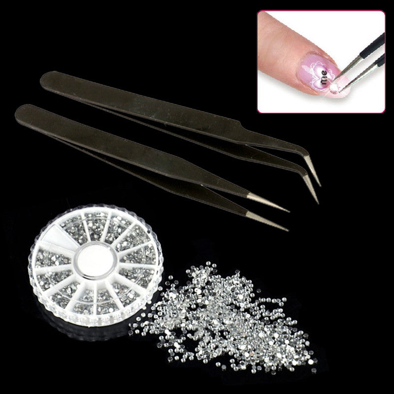 2pcs Gel Nail Art Rhinestones Paillette Nipper Picking Tool & 3600Pcs Nail Art Round Rhinestone Glitter Tip Wheel