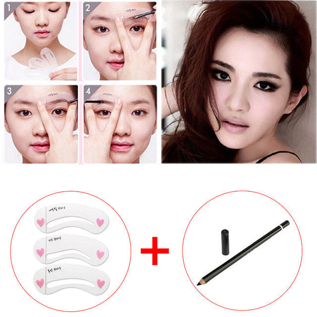 3 Pcs Makeup Eye Brow Template Shaper + Waterpro Black Eyebrow Eye liner Pen Cosmetics Eyeliner Pencil Make Up Tool
