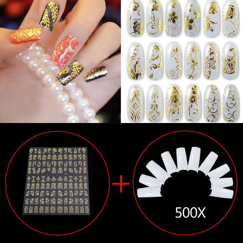 500 French Acrylic False Artificial Nail Art Tips + 108pcs/1 Sheet Flower Nail Stickers Manicure Decals