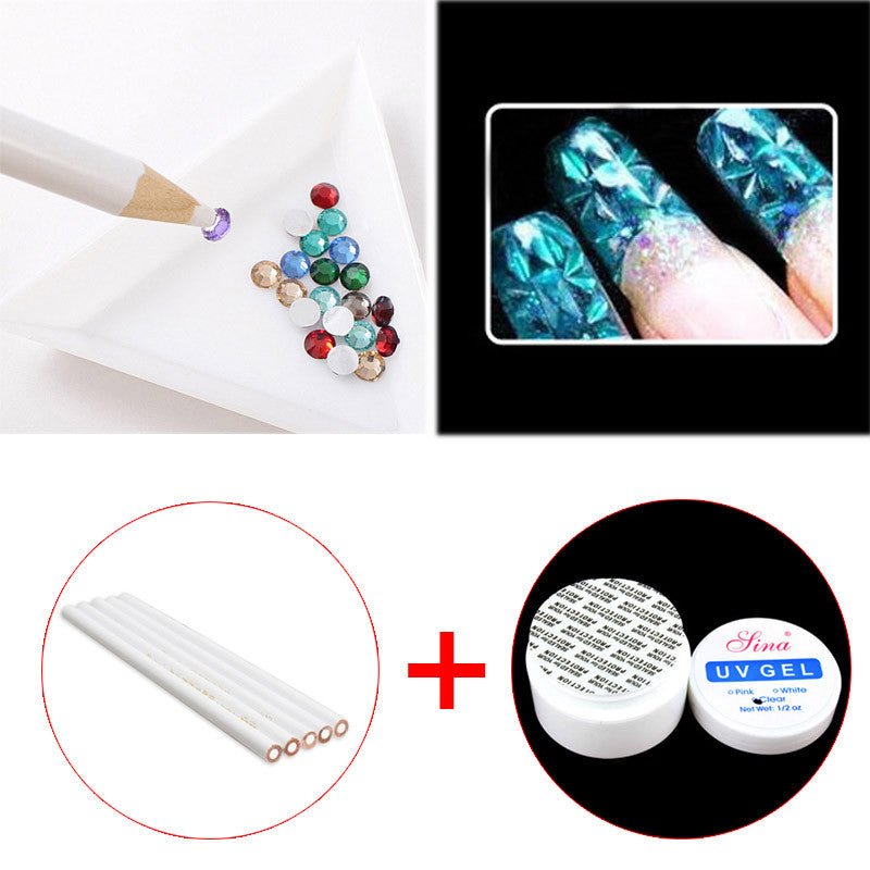 5PCS White Rhinestones Gems Picking 3D Painter Pencils + UV Gel Nail UV Builder Gel Nail Art Manicure Tips Glue
