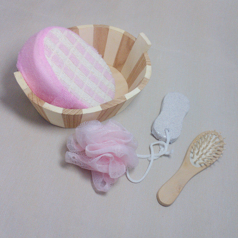 5pcs Soft Exfoliating Back Spa Scrubber Bath Ball + Massage Comb + Shower Sponge + Wood Box + Pumice Stone Set