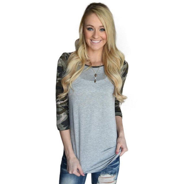 Autumn 2016 Women Basic T Shirts Long Sleeved Casual Loose Camouflage Splice O Neck Pullover Tops Women T Shirt Female