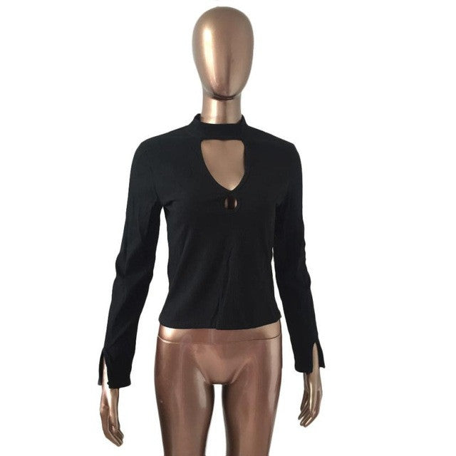 Autumn 2016 Women Sexy Chocker V-Neck Bodysuit Tops Basic Long Sleeve Blouse Hollow Out Top Ropa Mujer#C923