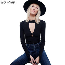 Autumn 2016 Women Sexy Chocker V-Neck Bodysuit Tops Basic Long Sleeve Blouse Hollow Out Top Ropa Mujer#C923