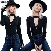 Autumn 2016 Women Sexy Chocker V-Neck Bodysuit Tops Basic Long Sleeve Blouse Hollow Out Top Ropa Mujer#C923