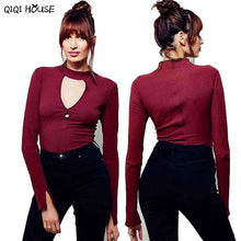 Autumn 2016 Women Sexy Chocker V-Neck Bodysuit Tops Basic Long Sleeve Blouse Hollow Out Top Ropa Mujer#C923