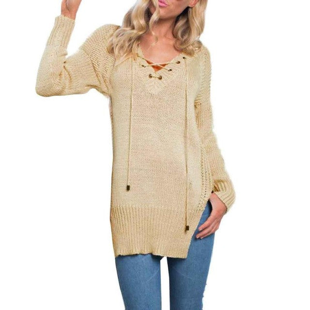 Autumn And Spring Fahsion 2016 Women Pullover V Neck Long Sleeve Knitted Size Split Long Tops Sweater Loose Casual WOmen Sweater