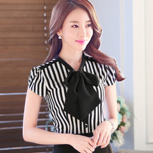 Autumn New Shirt Fashion Short Sleeve Casual Plus Size Female Women Stripped Blouse Bow Collar Plus Size Tops With Button 71610