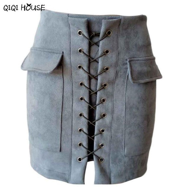 Autumn Skirts Womens Cross Bandage Suede Fabric Mini Skirt Slim Seamless Stretch Tight Elegant Skirt Saia Longa#C907