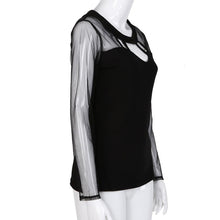 Autumn Spring 2016 Women Sexy Tops Balck Backless Net Yarn Patchwork Long Sleeve T-Shirt Fmeale Tee Tops Women Clothing