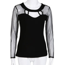 Autumn Spring 2016 Women Sexy Tops Balck Backless Net Yarn Patchwork Long Sleeve T-Shirt Fmeale Tee Tops Women Clothing