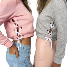 Autumn Spring Tops 2016 Grey Pink Long Sleeve T-shirt Women Side Cross Bandage Short Pullovers Tops Women Girls