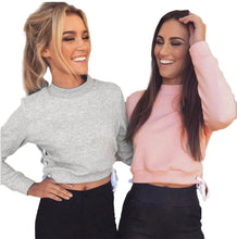 Autumn Spring Tops 2016 Grey Pink Long Sleeve T-shirt Women Side Cross Bandage Short Pullovers Tops Women Girls