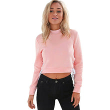 Autumn Spring Tops 2016 Grey Pink Long Sleeve T-shirt Women Side Cross Bandage Short Pullovers Tops Women Girls