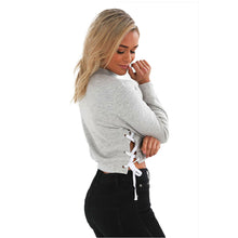 Autumn Spring Tops 2016 Grey Pink Long Sleeve T-shirt Women Side Cross Bandage Short Pullovers Tops Women Girls