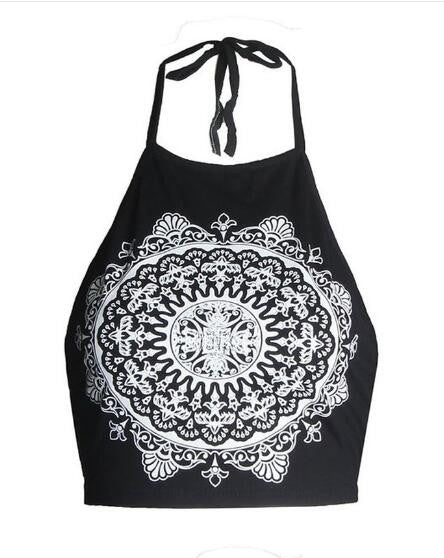 Backless Tribal Print Pattern Halter Sleeveless Summer Short Crop Top Cropped Spaghetti Strap Top Vest Fitness High Neck