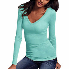 Basic T-Shirt Women V-Neck Long Sleeve Casual Shirt Autunb Spring Solid Slim Shirt Top Camiseta Femenina#112