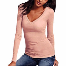 Basic T-Shirt Women V-Neck Long Sleeve Casual Shirt Autunb Spring Solid Slim Shirt Top Camiseta Femenina#112