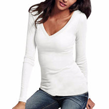 Basic T-Shirt Women V-Neck Long Sleeve Casual Shirt Autunb Spring Solid Slim Shirt Top Camiseta Femenina#112