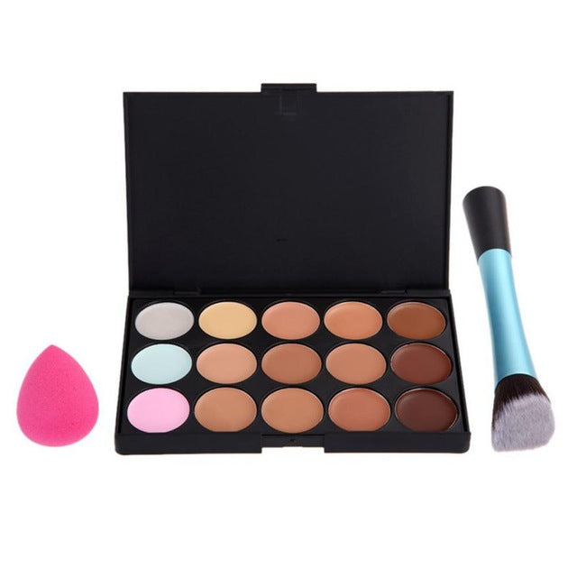Best Price! High Quality 15 Concealer + Angled Brush + Sponge Puff Makeup Contour artificial fiber Material Anne