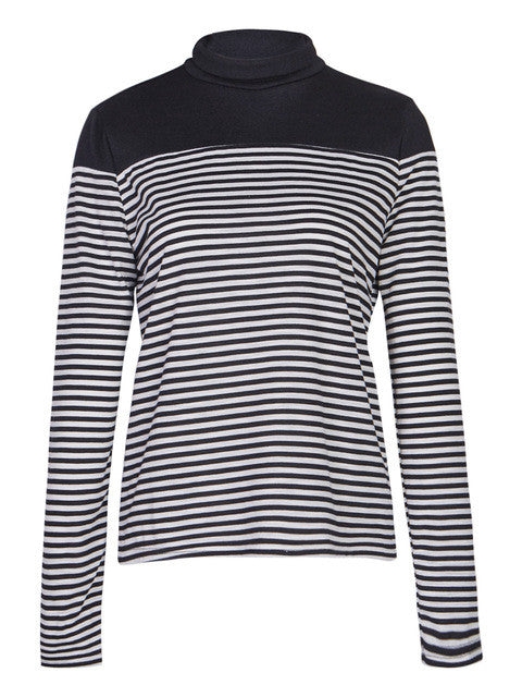 Black And White Striped Shirt Patchwork High Neck Blouse Knitted Long Sleeve Top Women Tops And Blouses 2016 New