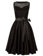 Black Polka Dot Mesh Patchwork Swing Dress Sleeveless O-Neck Belted Dress Vintage Cocktail Party Dresses Vestidos 2017