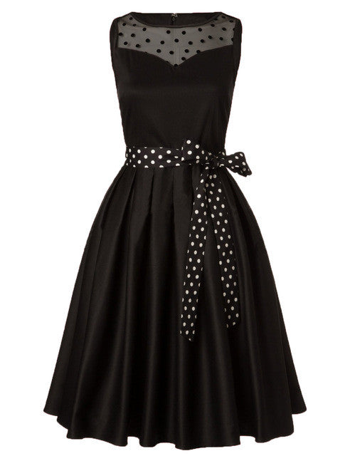 Black Polka Dot Mesh Patchwork Swing Dress Sleeveless O-Neck Belted Dress Vintage Cocktail Party Dresses Vestidos 2017