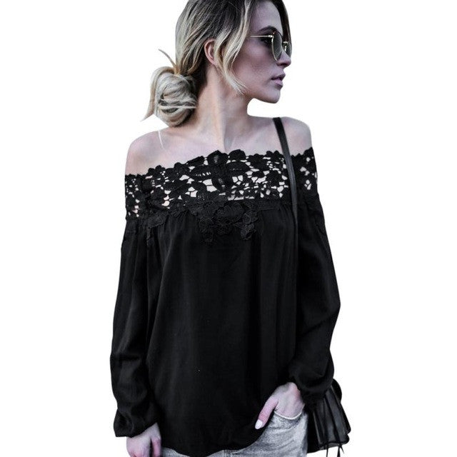 Black blusen women 2017 Lace Splice Blouses Summer Off Shoulder blouse Lace Long Sleeve Tops Casual Blouses #43