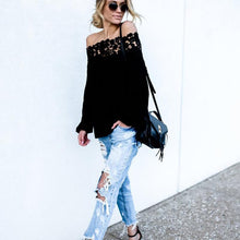 Black blusen women 2017 Lace Splice Blouses Summer Off Shoulder blouse Lace Long Sleeve Tops Casual Blouses #43
