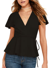 Blooming Jelly Black Ruffle Tunic Top Sexy Deep V Neck Blouse 2017 Fashion Short Chiffon Women Blouses