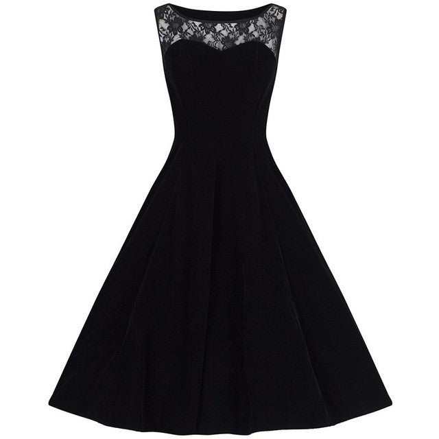 Blooming Jelly Lace Patchwork Swing Dress O-Neck Black Sleeveless Dress Fit and Flare Summer Dresses 2017