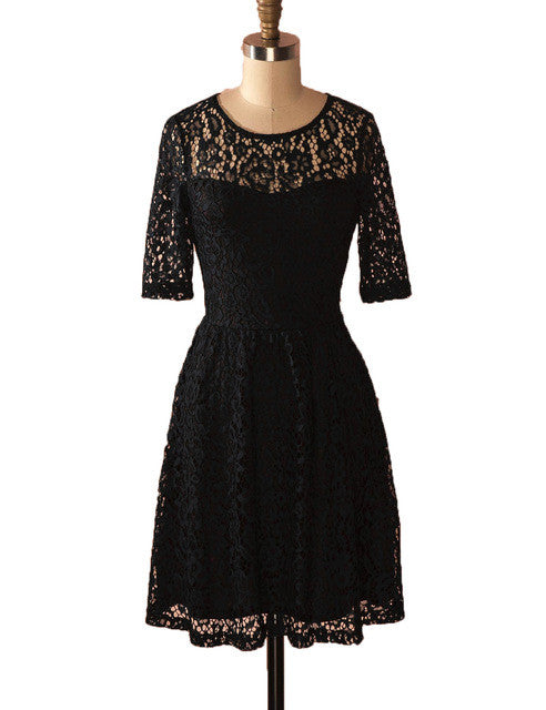 Blooming Jelly Lace Tunic Swing Dress Black Half Sleeves Dress Elastic Women Dresses 2017