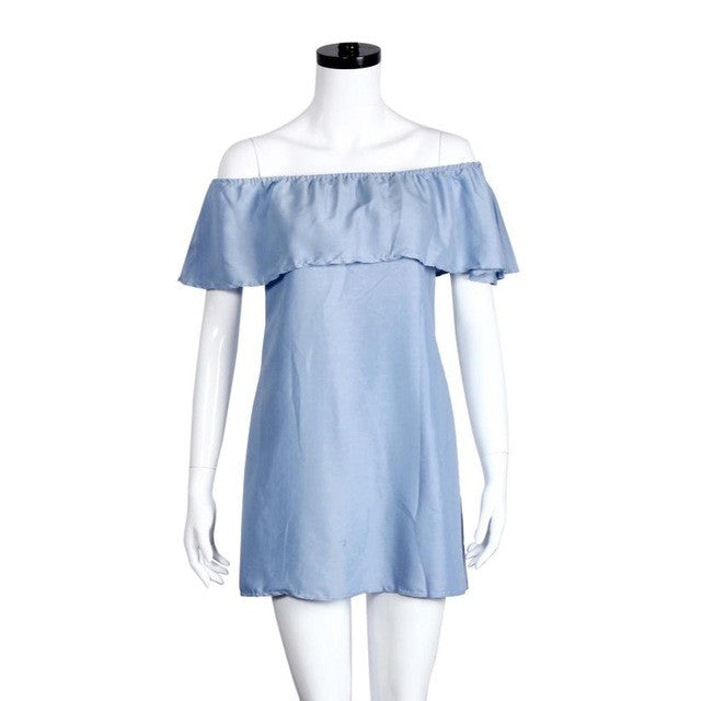 Blue DressBackless Slash Neck Off Shoulder Denim Solid Cotton Dress Summer Mini Short Dress Vestido De Verano#B714