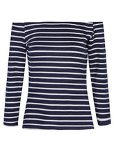 Blue & White Off The Shoulder Tops For Women Striped T Shirt Stretch Slim Fitted Top Woman Tee 2017 Three Quarter Sleeve